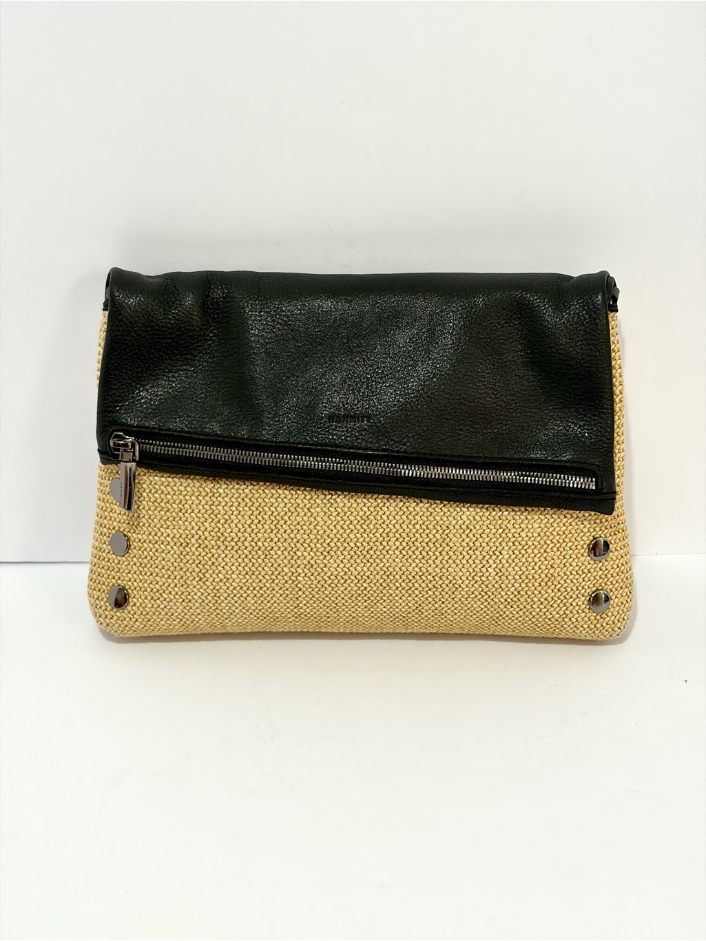 Hammitt Vip Large Crossbody Bag In Black Leather And Chaparral Raffia/Gunmetal